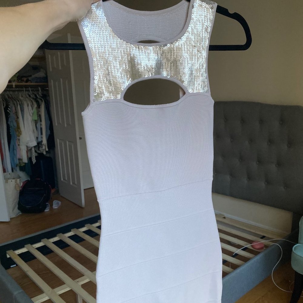 BCBG sequin, pale pink bodycon (XS)